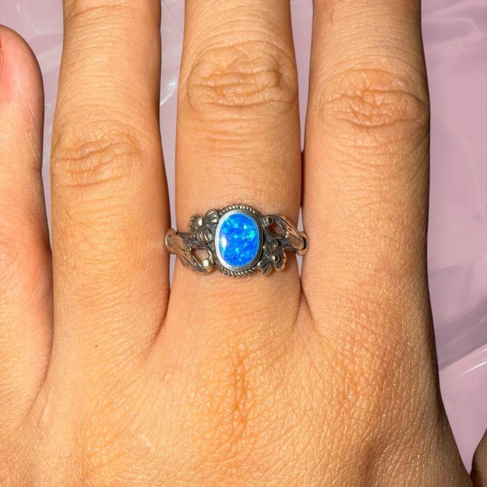 Y2K Fairy Romantic 925 Sterling Silver Blue Opal Flower Ring Fine Jewelry Boho
